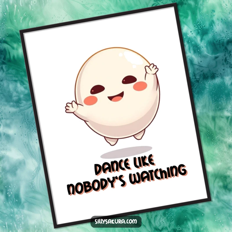 Funny Daruma digital art print showing a floating character joyfully imitating a dancing pose, ideal for vibrant digital displays.