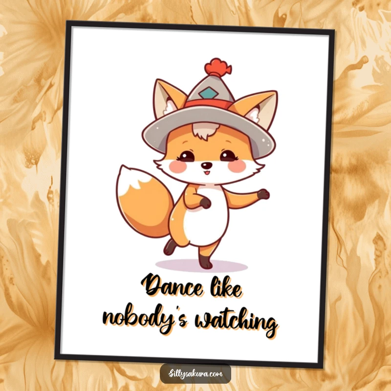 Funny digital art print of a fox in a tiny hat, captured in a lively and jubilant dance pose.