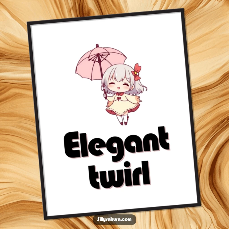 Funny digital art print of a small character elegantly twirling a parasol, a wide grin conveying playful charm.