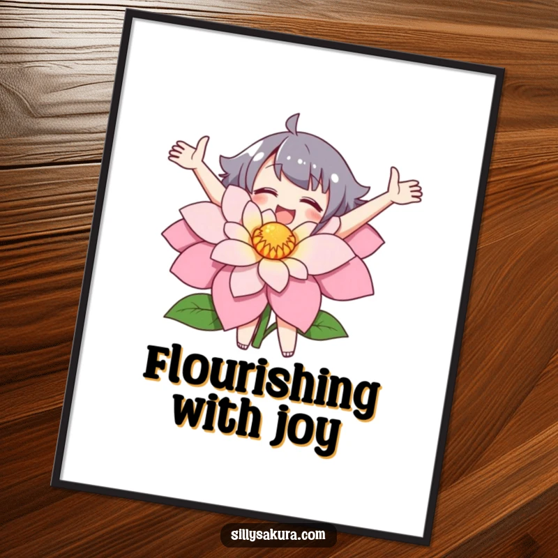 Funny digital art print of a character with open arms joyfully embracing a large flower.