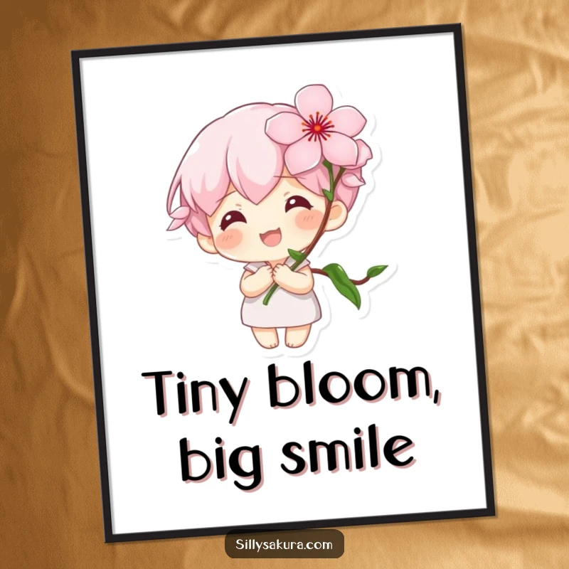 Funny Digital Art Print: A tiny character with a large smile holds a blooming cherry blossom, symbolizing spring's happiness.