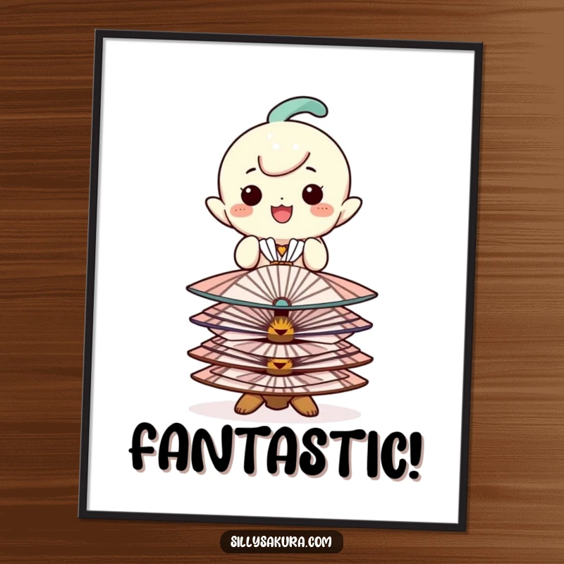 Funny digital art print of a happy character balancing decorative fans, bringing elegant and playful decor.