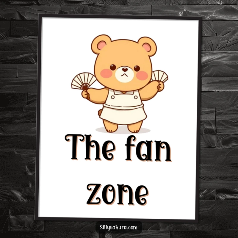 Funny Digital Art Print of a tiny bear chef in an apron, enthusiastically fanning themselves, a perfect piece of kitchen humor.