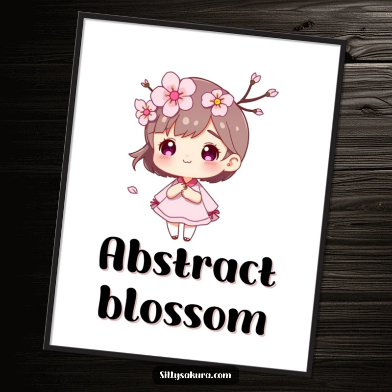 Funny Cherry Blossom Digital Art Print showing a character and petals gracefully blowing in the wind.
