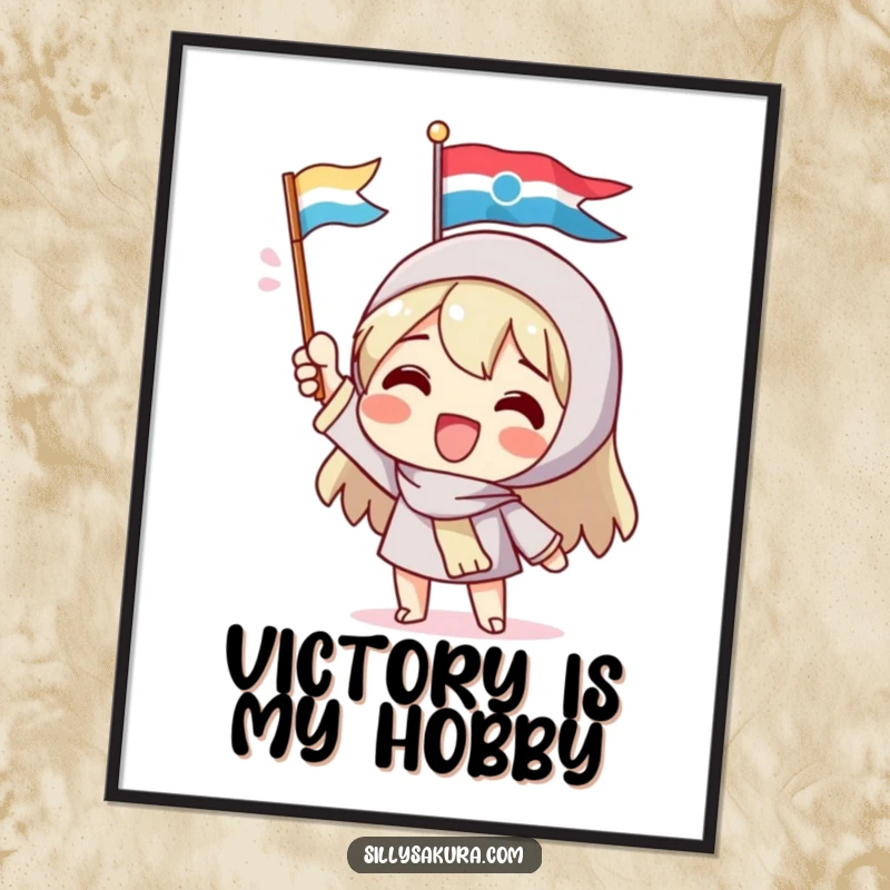 Funny digital art print of a delighted character enthusiastically waving a small, colorful flag, ideal for instant joyful wall decor and a humorous statement.