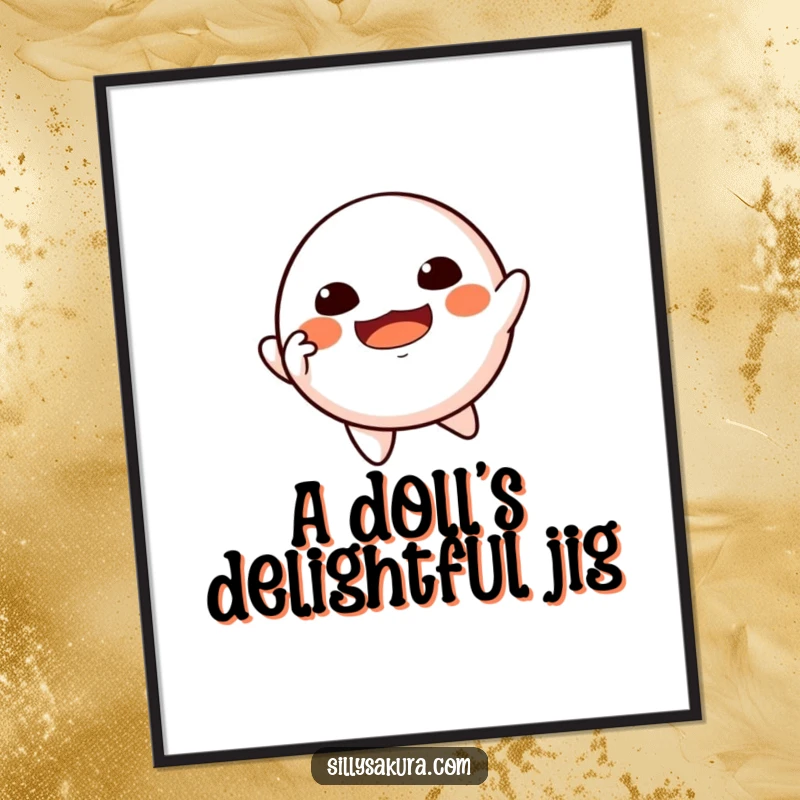 Funny Floating Daruma Digital Art Print of a Daruma doll character joyfully imitating a dancing pose, ready to frame.