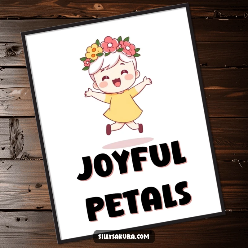 Funny digital art print of a cute character wearing a flower crown, joyfully skipping with an infectious sense of happiness.