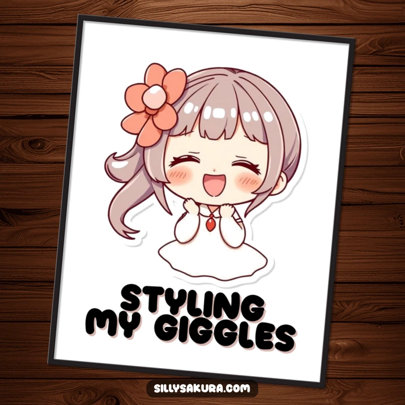 Funny digital art print of a character giggling while wearing a large, decorative hairpin, perfect for joyful wall decor.