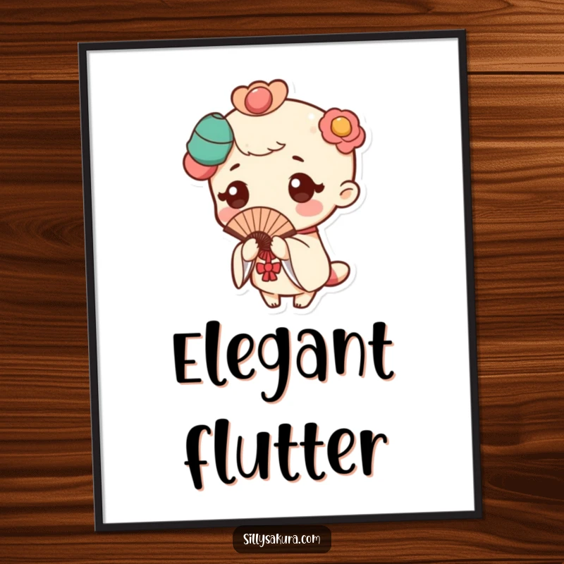 Funny digital art print of a Kawaii character in a graceful fan pose, with a subtle flutter adding to its charm.