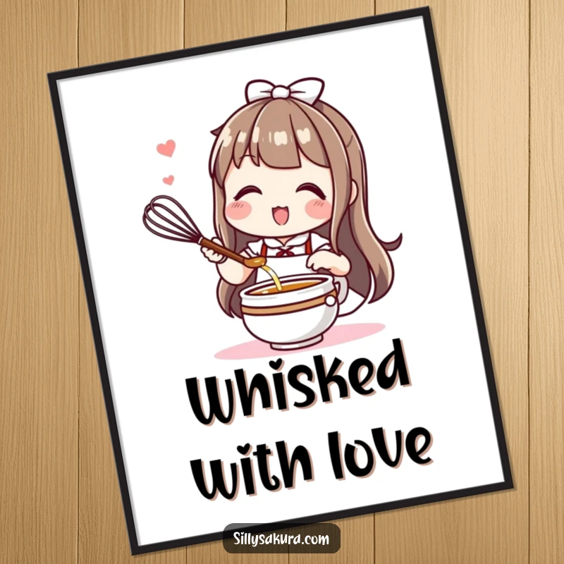 Funny Kawaii digital art print showing a cute character enthusiastically whisking tea, ideal for adding cheerful beverage art.