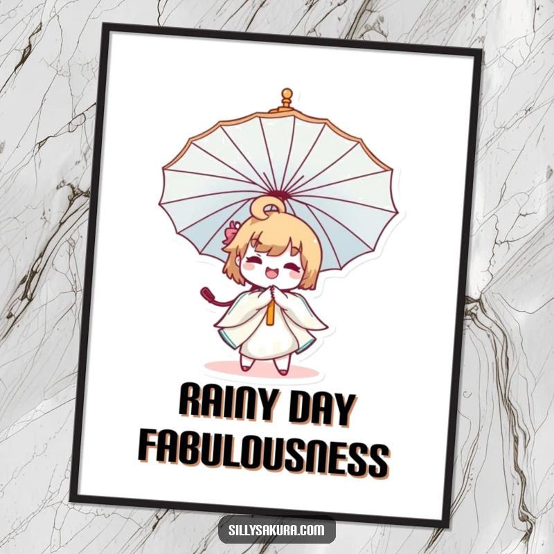Funny Kawaii Umbrella Digital Art Print of a cute character joyfully twirling a large, decorative umbrella, ready to frame.