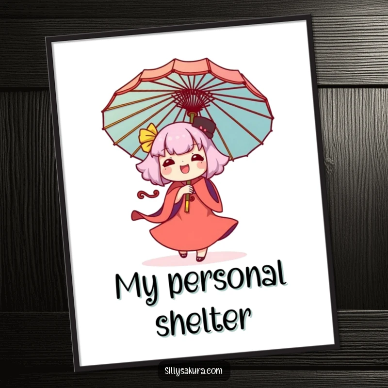 Funny Kawaii digital art print of a character joyfully twirling a large, decorative umbrella, perfect for vibrant digital displays.