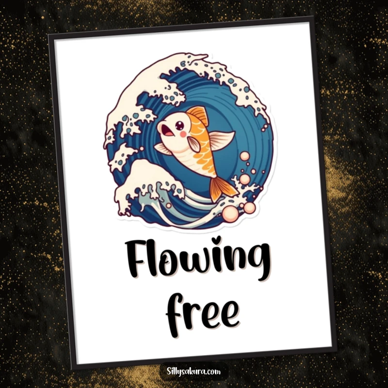 Funny digital art print of a lively koi fish character energetically leaping from a stylized ocean wave, symbolizing motion.