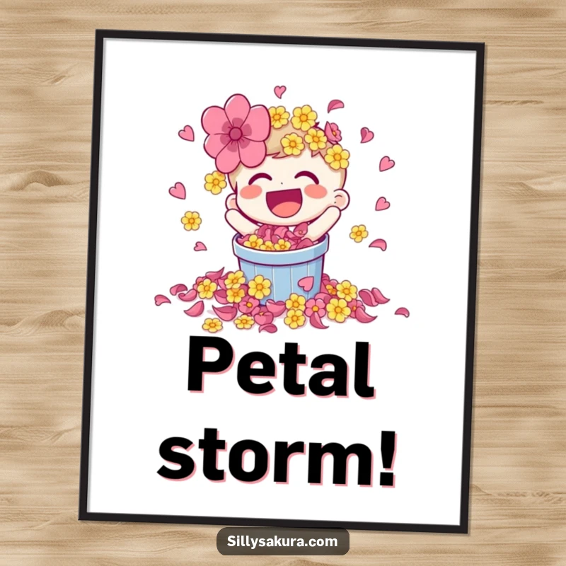 Funny digital art print of a laughing character spilling bright flower petals, bringing vibrant joy and color.