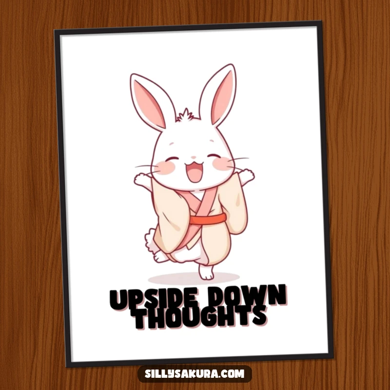 Funny giggling rabbit in a silk kimono humorously attempting a handstand in this digital art print.