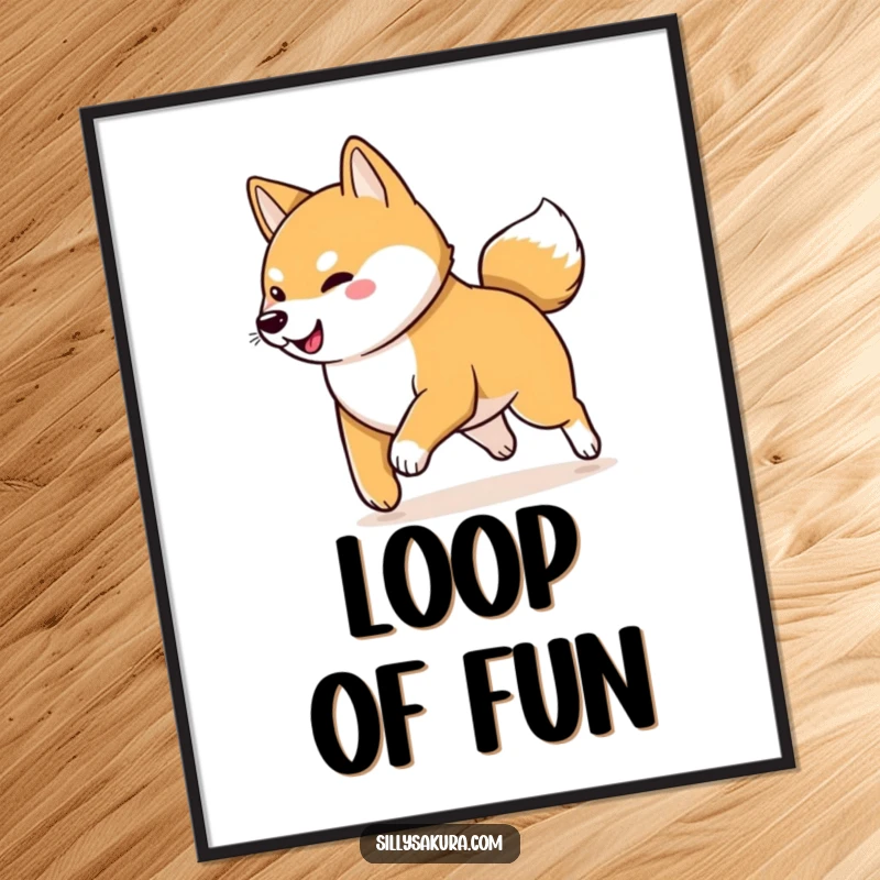 Funny Shiba Inu Digital Art Print: A playful Shiba Inu character chasing its wagging tail, capturing energetic fun and humorous charm.