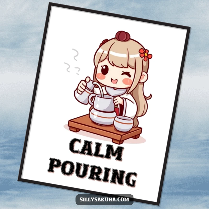 Funny digital art print of a cheerful character performing a tea ceremony, pouring tea with a serene and happy smile.