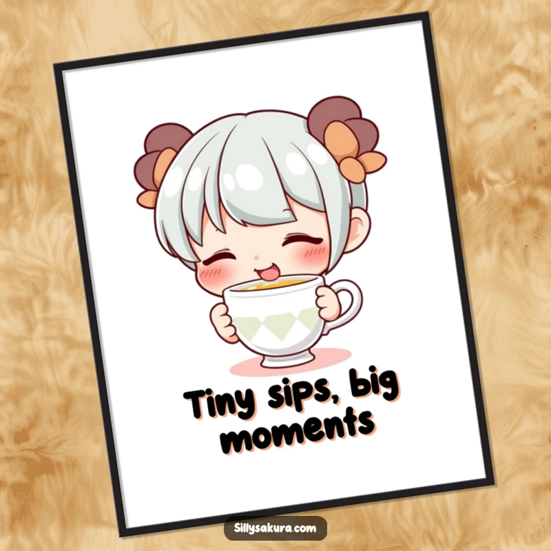 Funny digital art print of a cute character with a wide smile, playfully sipping from a tiny teacup, vibrant and cheerful decor.
