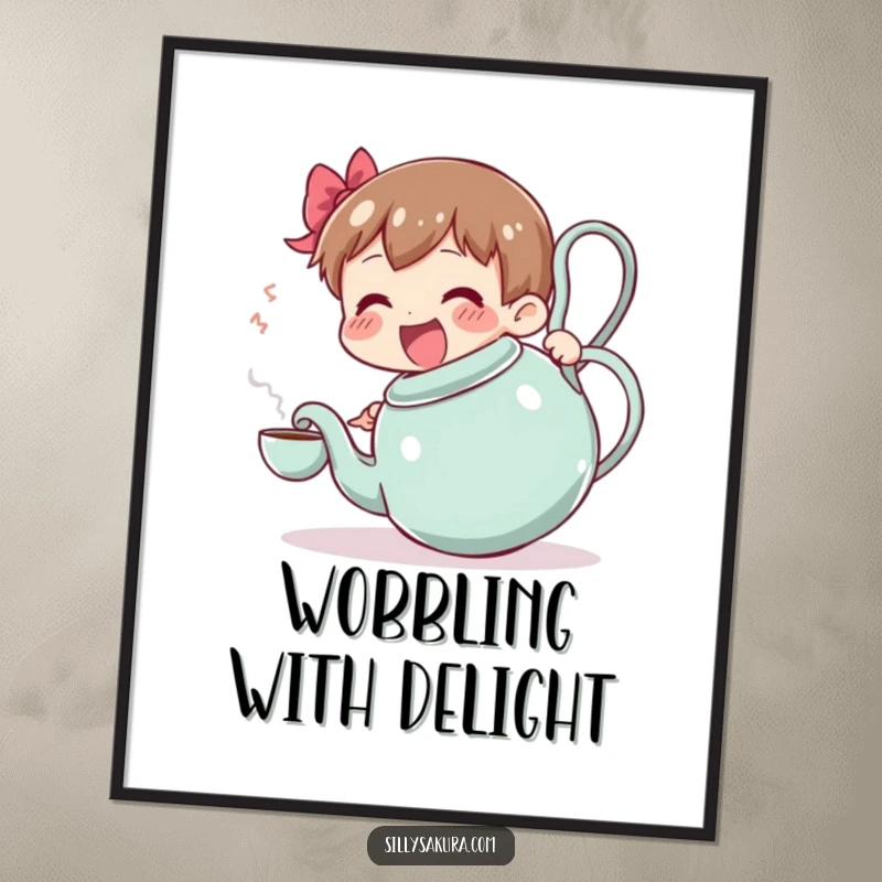 Funny digital art print of a character joyfully serving tea from a large, wobbling teapot, perfect for humorous wall decor.