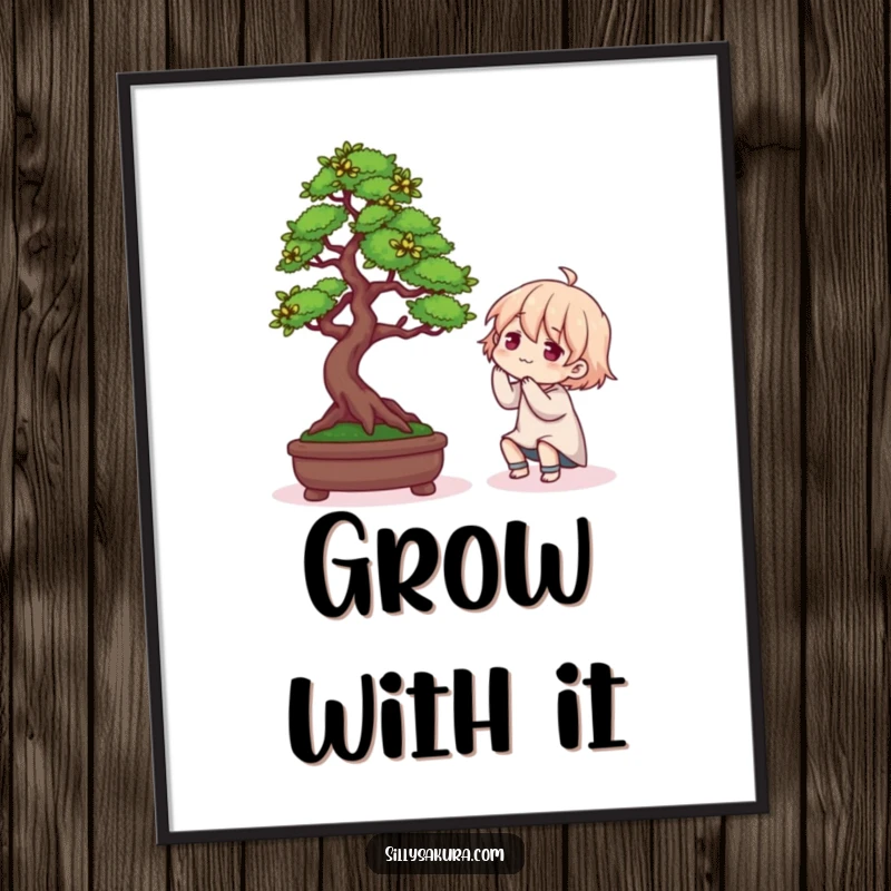 Funny digital art print of a character humorously arranging a Bonsai tree, adding quirky charm to any room.