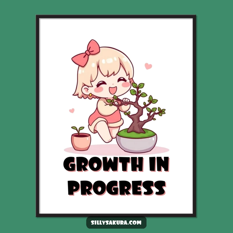 Printable Funny Kawaii Bonsai Art: Cute Character Tending Tree for Instant Decor