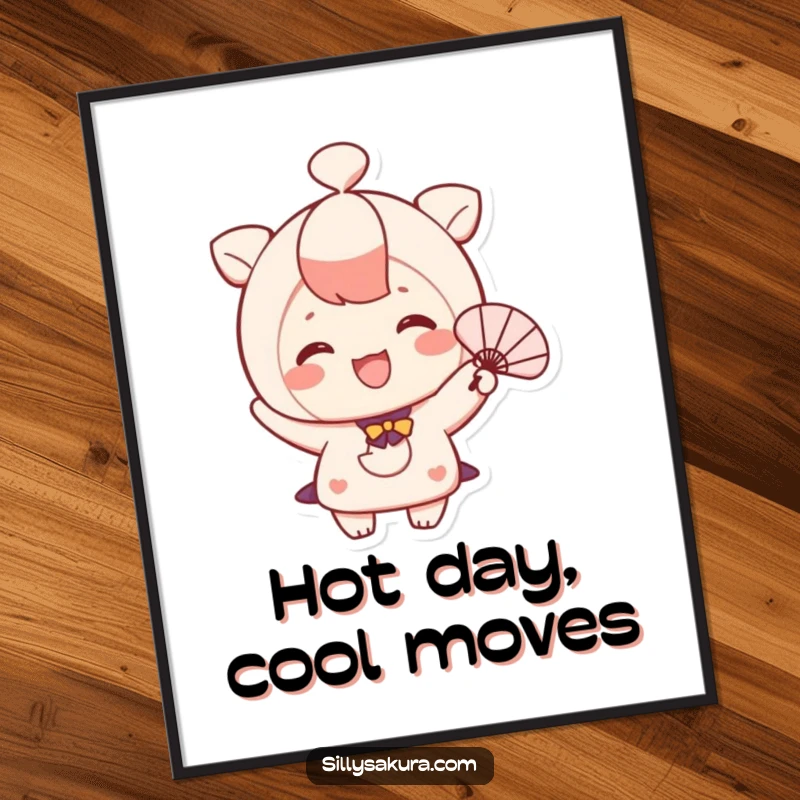 Funny digital art print of a cute, smiling character happily fanning themselves with a small fan.