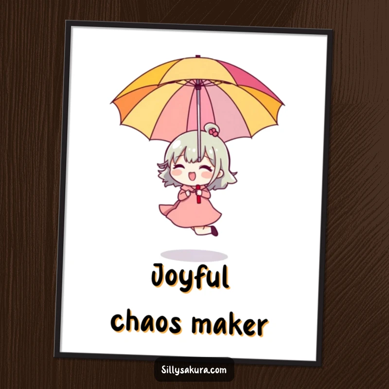 Funny Digital Art Print of a character happily skipping with a bright umbrella held upside down.