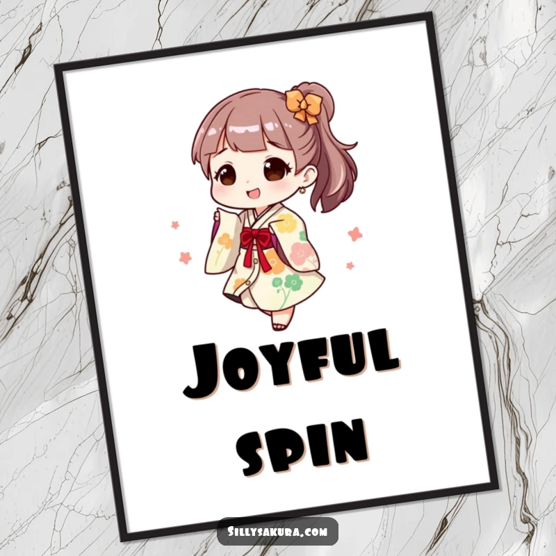 Funny Digital Art Print: A character joyfully twirls in a playful kimono, embodying festive spirit and celebratory movement.