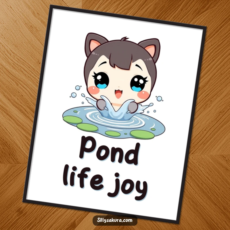 Funny Digital Art Print: A character with wide, delighted eyes splashing in a small pond, printable wall art of pure joy.