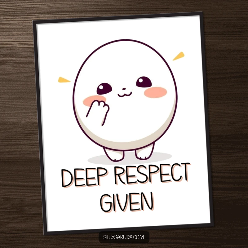 Funny Kawaii Digital Art Print. A small, round cute character enthusiastically bows, ideal for welcoming and charming decor.