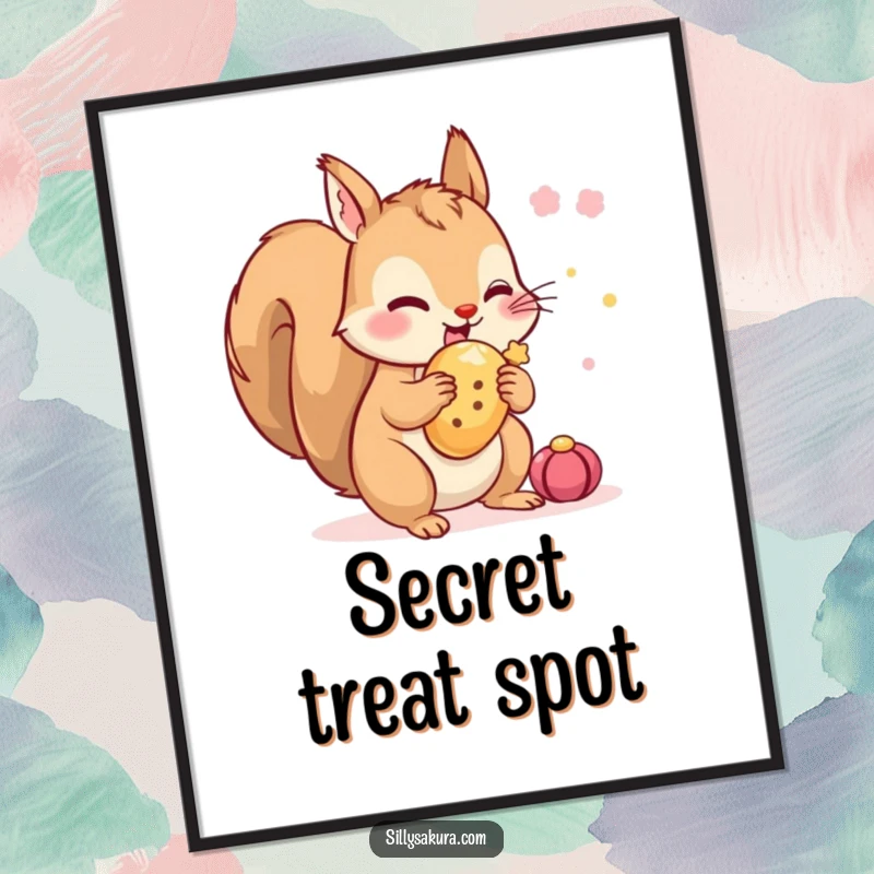 Funny Squirrel Digital Art Print: A tiny squirrel character excitedly hiding a festival treat, capturing playful energy and festive charm.
