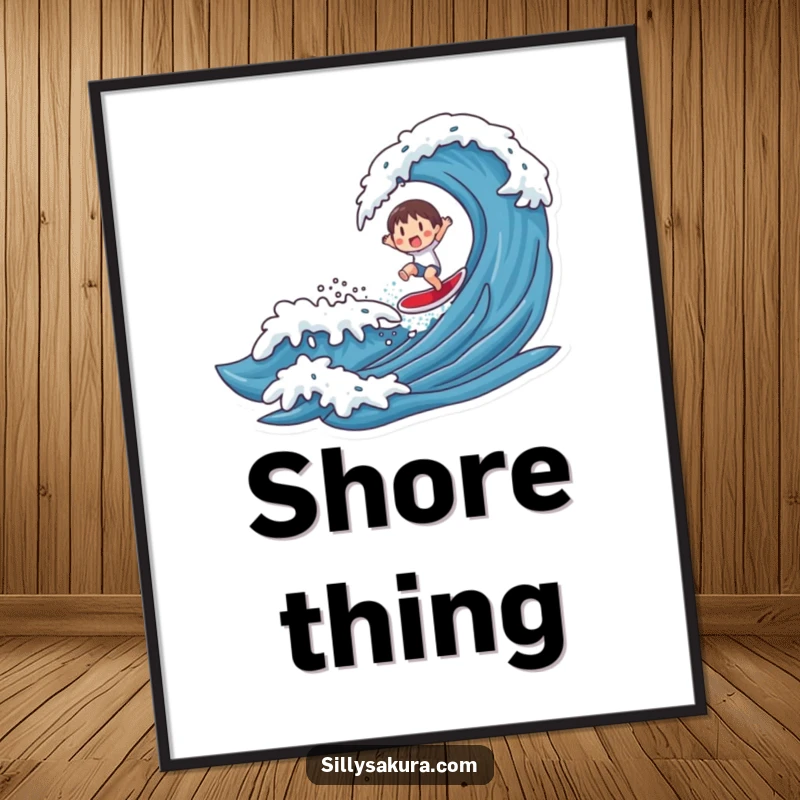 Funny digital art print of a character joyfully surfing a stylized wave, vibrant and full of energy for home decor.