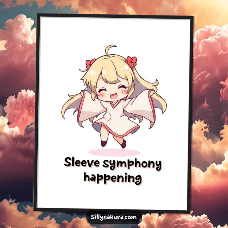 Funny digital art print of a character's ecstatic dance, sleeves creating a whirlwind of flowing fabric, radiating pure, infectious happiness.