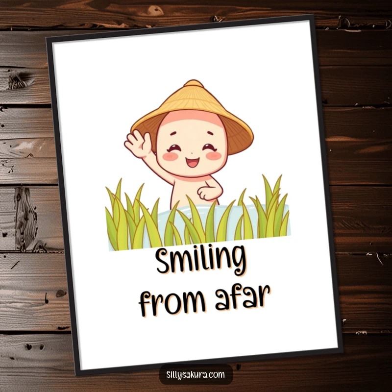 Funny digital art print of a smiling character waving from a rice paddy, perfect for cheerful and rustic wall decor.