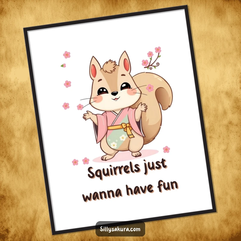 Funny digital art print of a lively squirrel in a kimono juggling delicate cherry blossoms, ready to download.