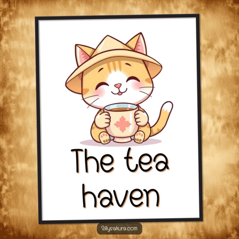 Funny Digital Art Print of a smiling cat wearing a paper hat, offering a cup of tea, perfect for a charming home.
