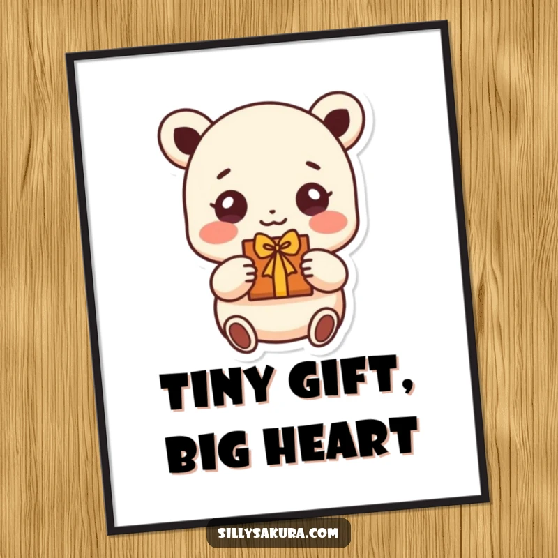 Funny digital art of a small character with radiant, beaming eyes, happily presenting a small, handmade gift with love.