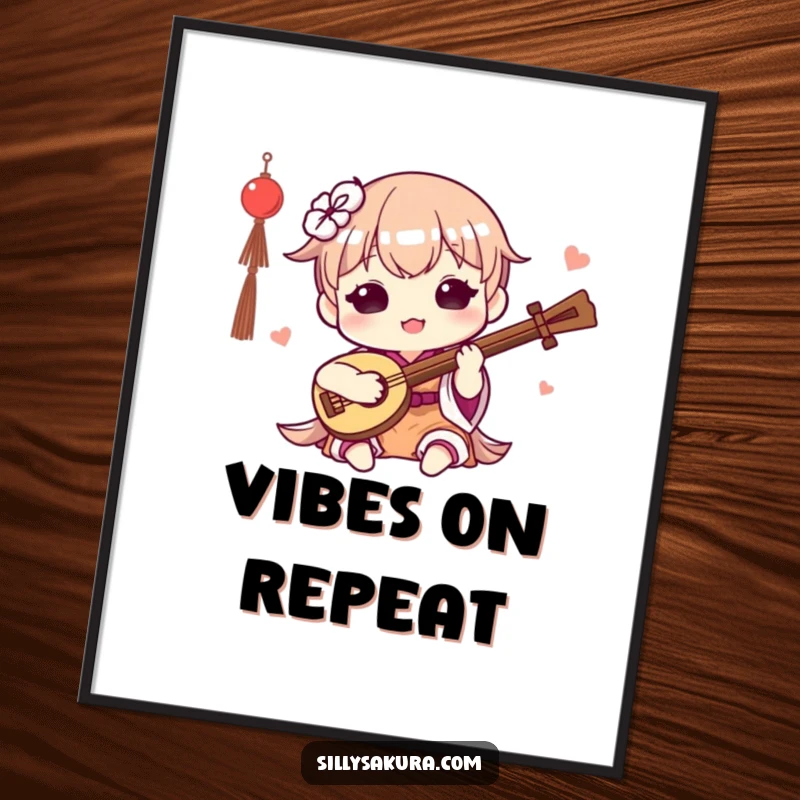 Funny Kawaii Digital Art Print. A cute character happily plays a small traditional instrument, ideal for musical and charming decor.