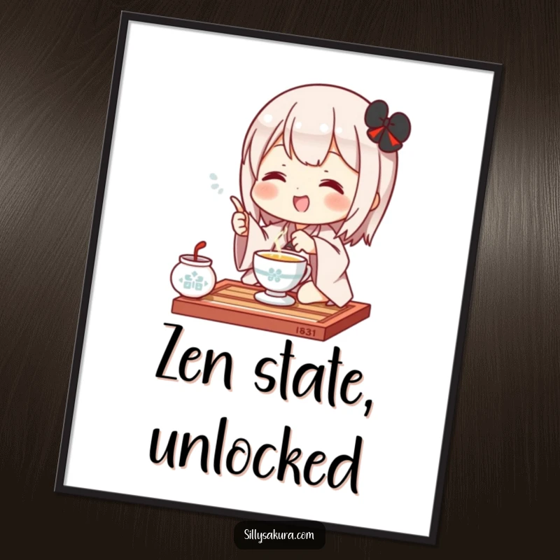 Funny Kawaii Digital Art Print. A cute character joyfully participates in a tea ceremony, ideal for charming and humorous home decor.