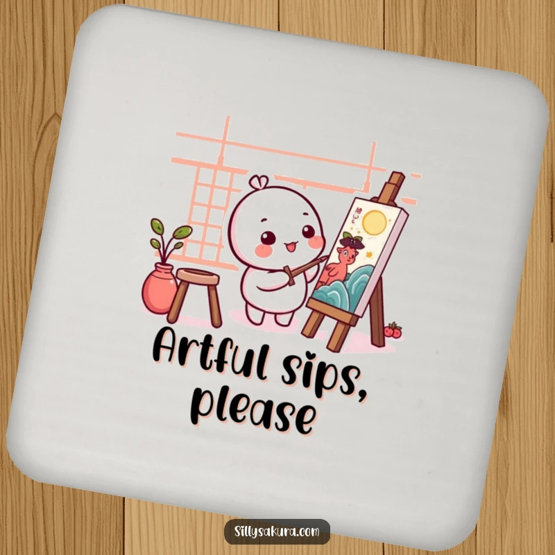 Funny Kawaii Artist Drink Coaster with a cute, round character happily painting a traditional artwork, a miniature masterpiece.