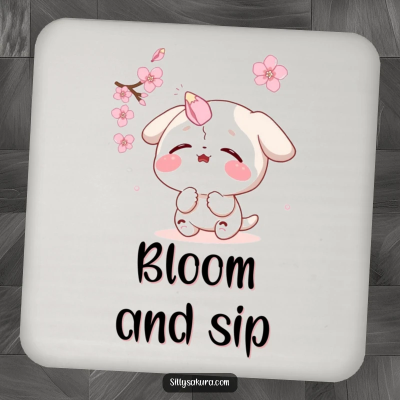 Funny coaster: a character comically tries to catch a sakura petal on its nose, providing a humorous spot for drinks.