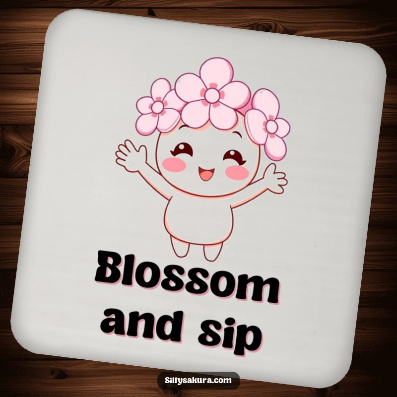 Funny cherry blossom drink coasters featuring a smiling character waving tiny arms, offering humorous protection for surfaces and adding spring charm to any table.