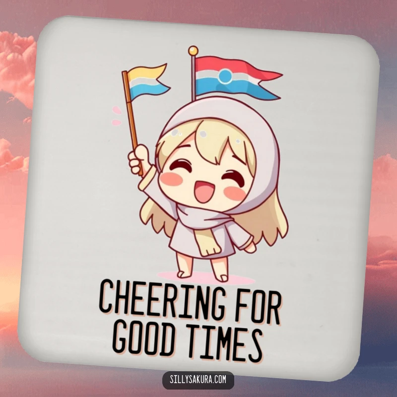 Funny drink coaster featuring a delighted character enthusiastically waving a small, colorful flag, perfect for adding a touch of humor and protection to any table.