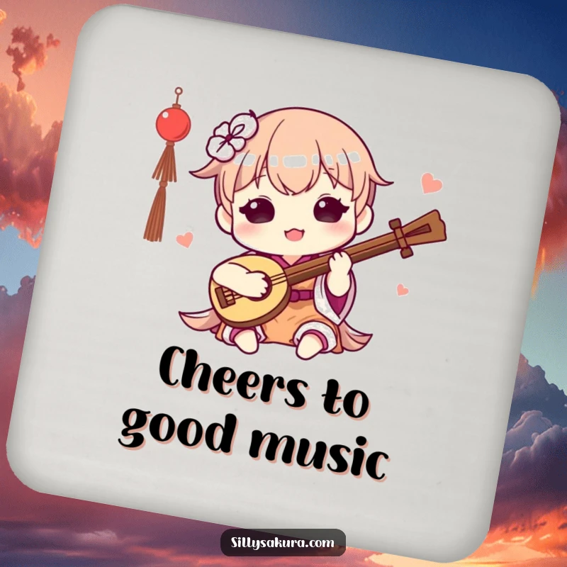 Funny Kawaii Coaster. A cute character happily plays a small traditional instrument, protecting surfaces with musical flair.