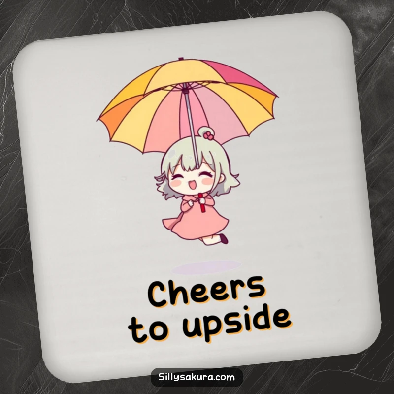 Funny Drink Coaster featuring a character happily skipping, holding a bright umbrella upside down, humorous protection.