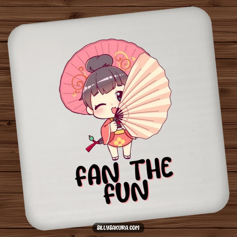 Funny Drink Coaster: A character comically tries to pose with a large decorative fan, protecting surfaces with humorous flair.