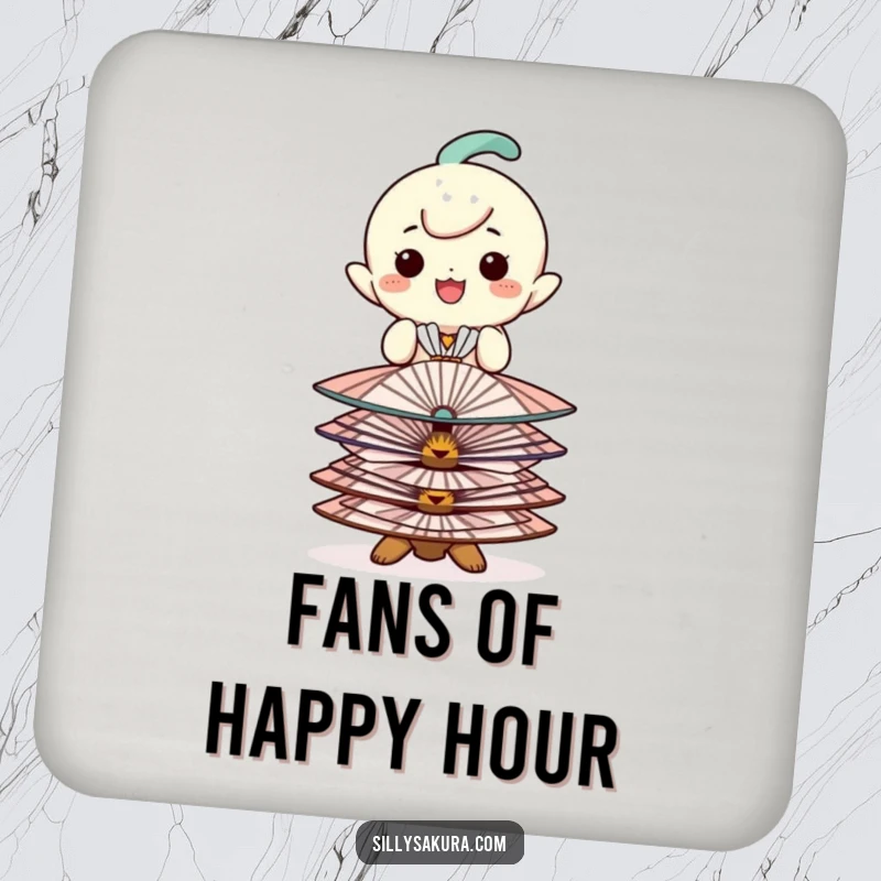 Funny coaster with a happy character balancing decorative fans, protecting surfaces with elegant charm.