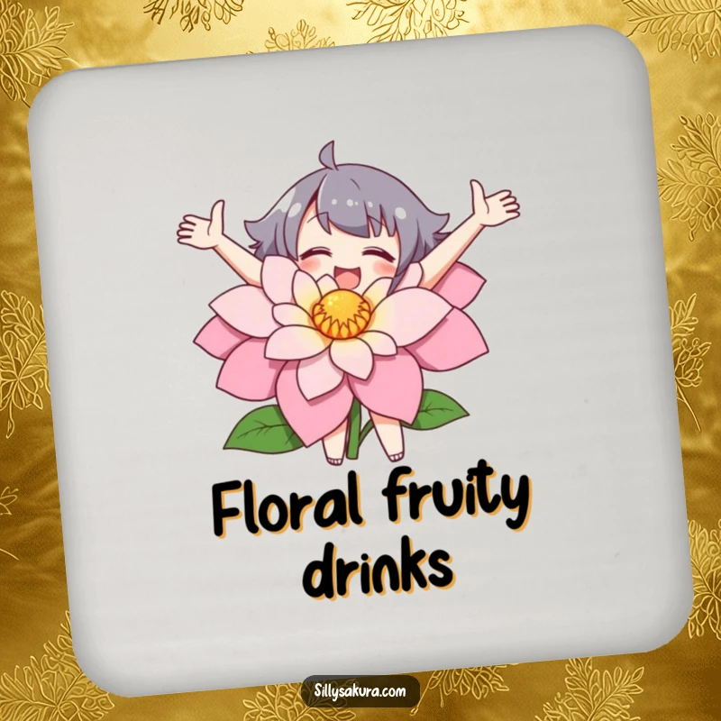 Funny coaster with a character joyfully embracing a large flower, offering stylish surface protection.