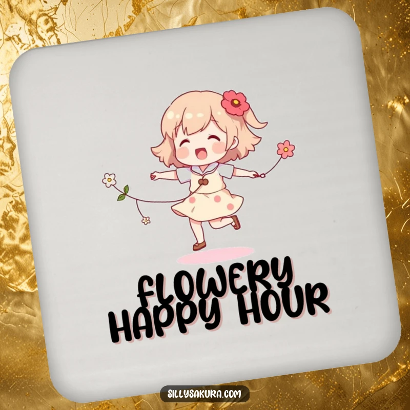 Funny skipping character drink coasters, a cute illustration of a character joyfully skipping rope with a string of flowers, for surface protection.
