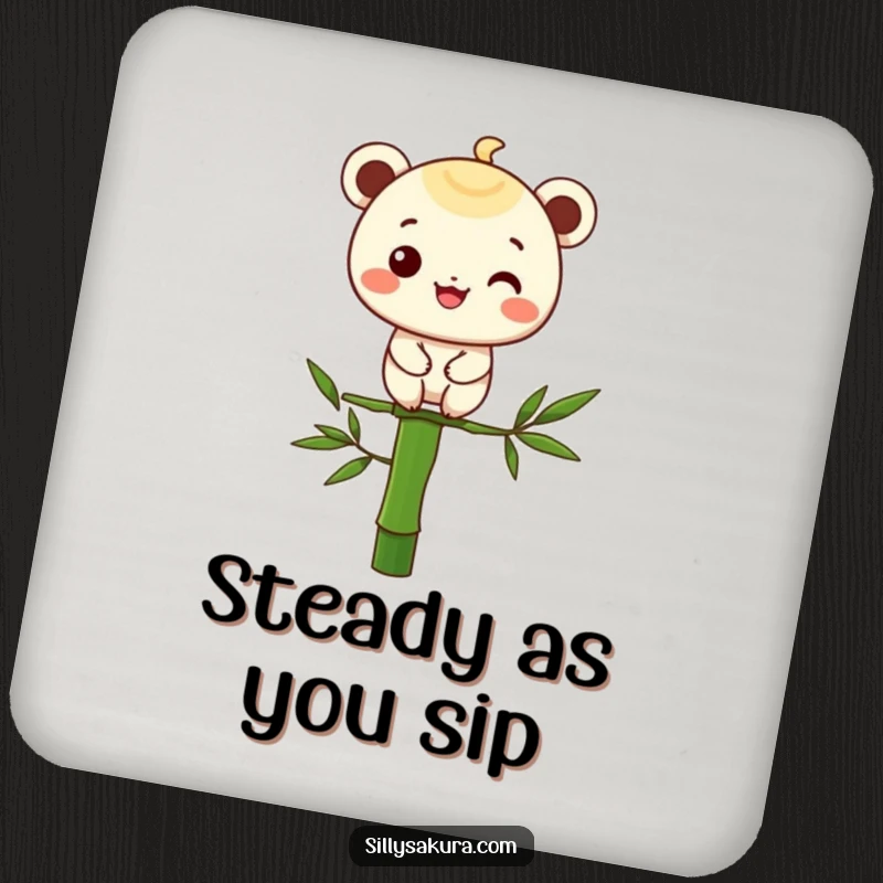 Funny drink coasters featuring a character with a grin balancing on a bamboo stalk, adding zen and style.